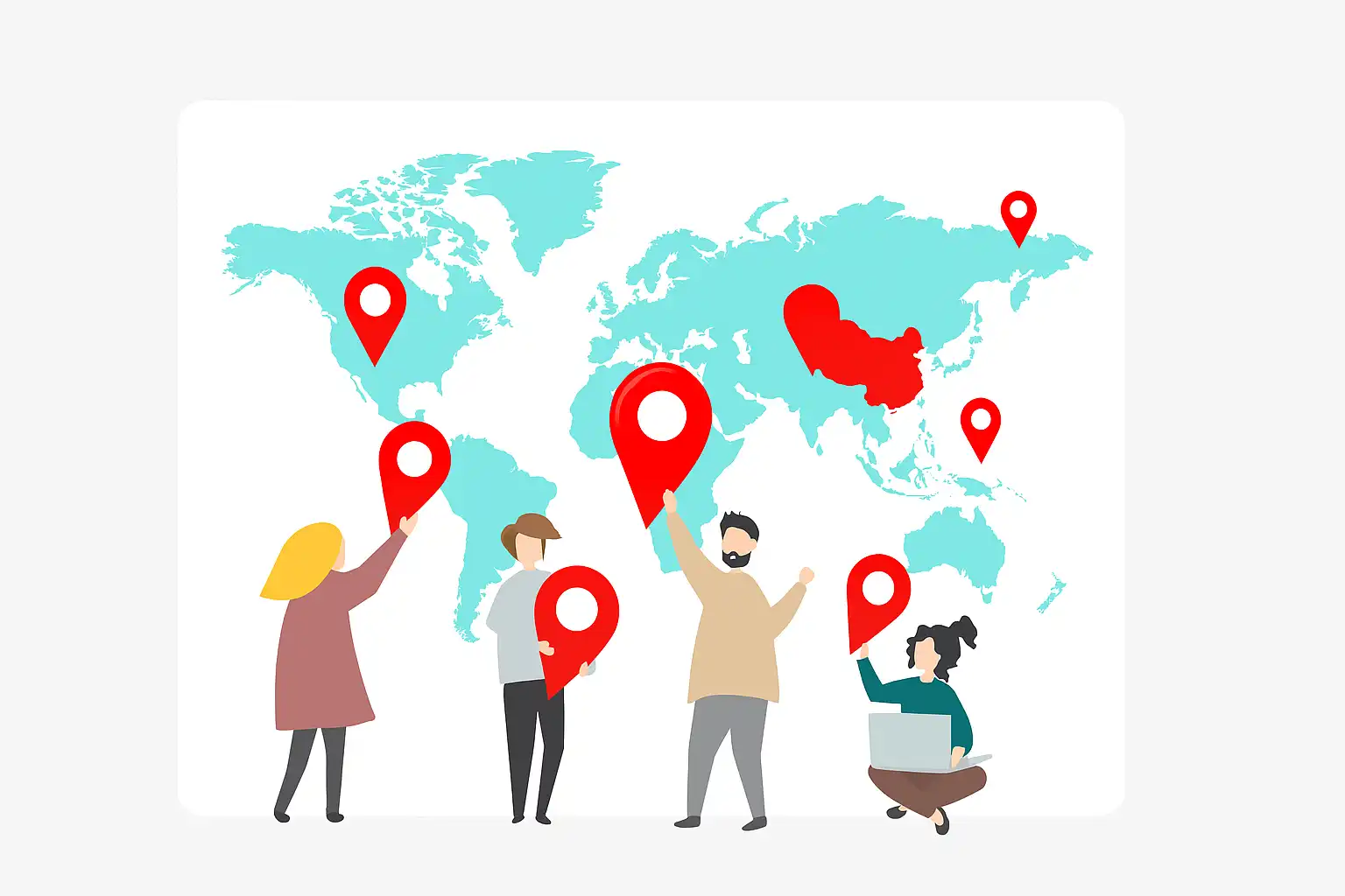 A flat-style digital illustration featuring a world map with large red location markers centered on China, symbolizing the global reach and localization strategies of an app for China targeting diverse regions.