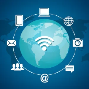 ChatGPT Image 2025年8月7日 18_46_51 A flat digital illustration depicts global internet communication with icons for email, chat, mobile, and social networking around a world map—representing the digital ecosystem where platforms like WeChat, Douban, and Zhihu thrive, powered by effective Chinese copywriting.
