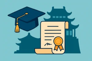 ChatGPT Image 2025年9月16日 11_57_16 Flat-style illustration of a graduation cap, diploma, and Chinese university building silhouette, symbolizing the importance of education in preparing a Resume for China.