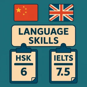 ChatGPT Image 2025年9月16日 12_05_13 Flat-style illustration showing language skills for Resume for China, with Chinese and UK flags, HSK score 6, and IELTS score 7.5 on clipboards.