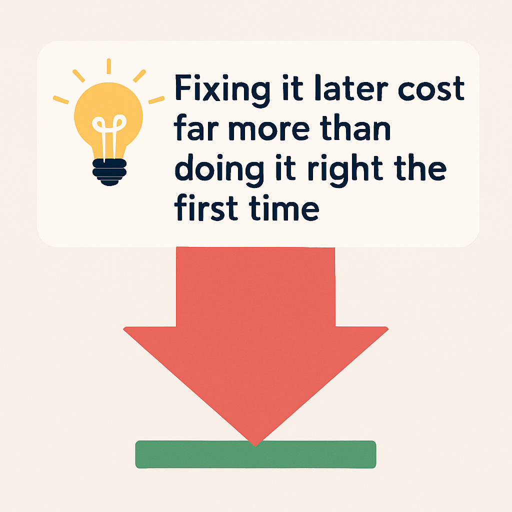 A lightbulb icon accompanies the text “Fixing it later cost far more than doing it right the first time,” placed above a large red downward arrow pointing to a green bar, symbolizing the importance of getting things right from the beginning to avoid higher future costs.