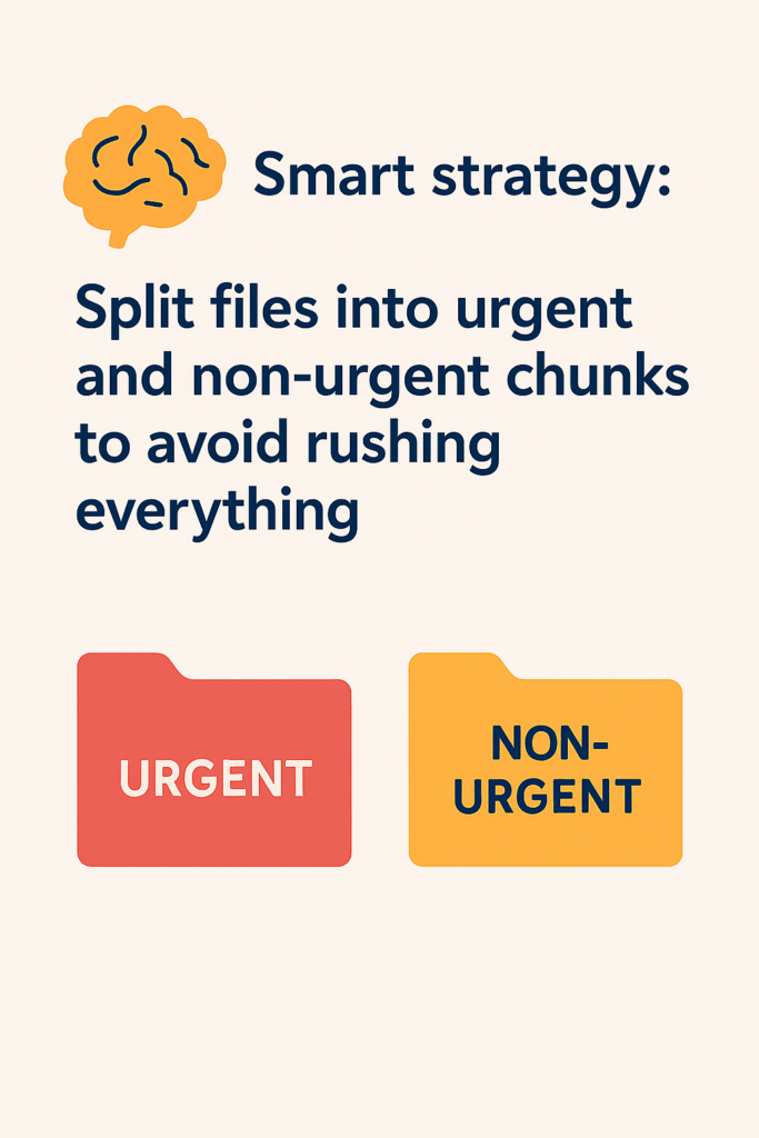 Alt text: An infographic with a brain icon and the heading "Smart strategy:" followed by the text "Split files into urgent and non-urgent chunks to avoid rushing everything." Below are two folder icons labeled "URGENT" (in red) and "NON-URGENT" (in orange).