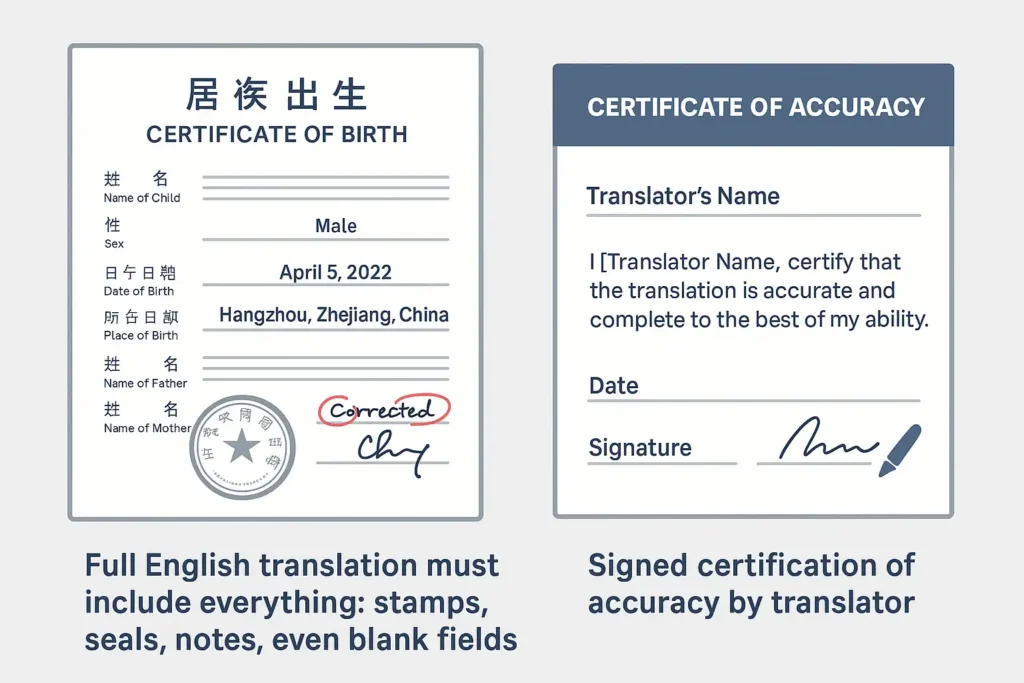Infographic showing USCIS translation requirements: 1) a full English translation of the document including stamps, seals, and handwritten notes, and 2) a signed certificate of accuracy from the translator.