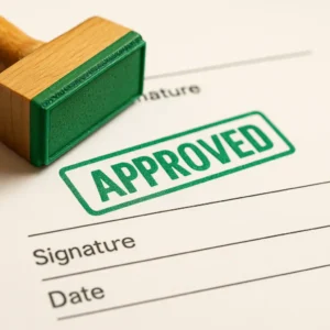 A green approval stamp on a translated immigration document, symbolizing accurate immigration translation and successful USCIS approval