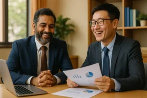ChatGPT Image 2025年10月14日 09_29_23 A satisfied Indian businessman and a happy Chinese client smiling and discussing documents in a modern office, symbolizing successful cross-border partnership.
