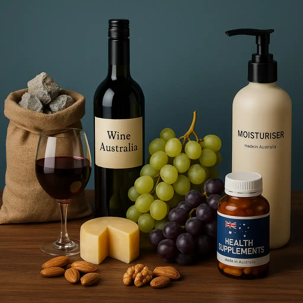 A neatly arranged flat lay showcasing key Australian export products popular among Chinese buyers — including bottles of wine, dairy products, table grapes, nuts, educational materials, health supplements, and boutique fashion accessories — symbolizing Australia’s reputation for quality, safety, and trust in Chinese markets.