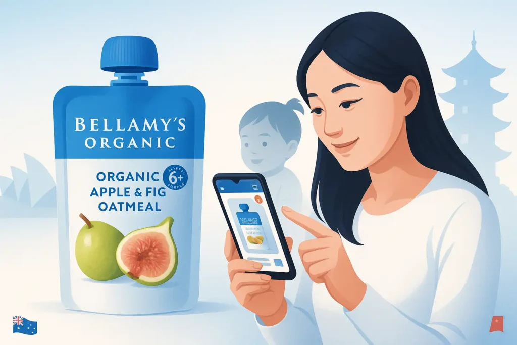 A digital illustration with a blue and white color scheme inspired by Bellamy’s branding, showing a Chinese mother holding Bellamy’s Organic baby snacks while gently smiling at her child. Subtle Australian and Chinese flag elements are blended in the background, symbolizing cultural connection and trusted Australian origin.