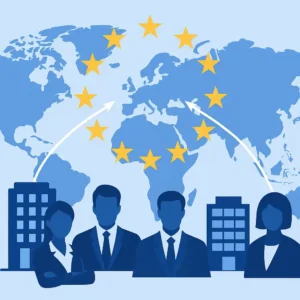 ChatGPT Image 2025年10月23日 20_00_56 Silhouettes of global companies connected by digital lines to the European Union flag stars, representing GDPR’s worldwide reach.