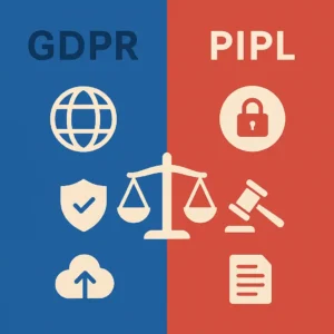 ChatGPT Image 2025年10月23日 21_52_41 Infographic illustrating GDPR translation compliance between the EU GDPR and China’s PIPL, showing blue vs red columns with icons for consent, data transfer, and security, centered by a balance scale labeled “Data Protection Convergence 2025.