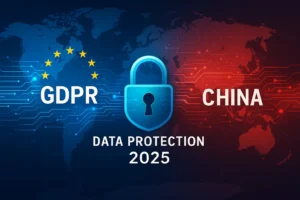 ChatGPT Image 2025年10月28日 17_59_58 Illustration of GDPR translation and data protection convergence between the EU and China in 2025, showing digital blue and red data streams merging into a central security lock labeled “Data Protection 2025.