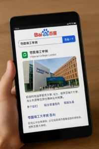 ChatGPT Image 2025年10月9日 22_21_19 A tablet or computer showing WeChat mini-program or Baidu search results for a UK university.